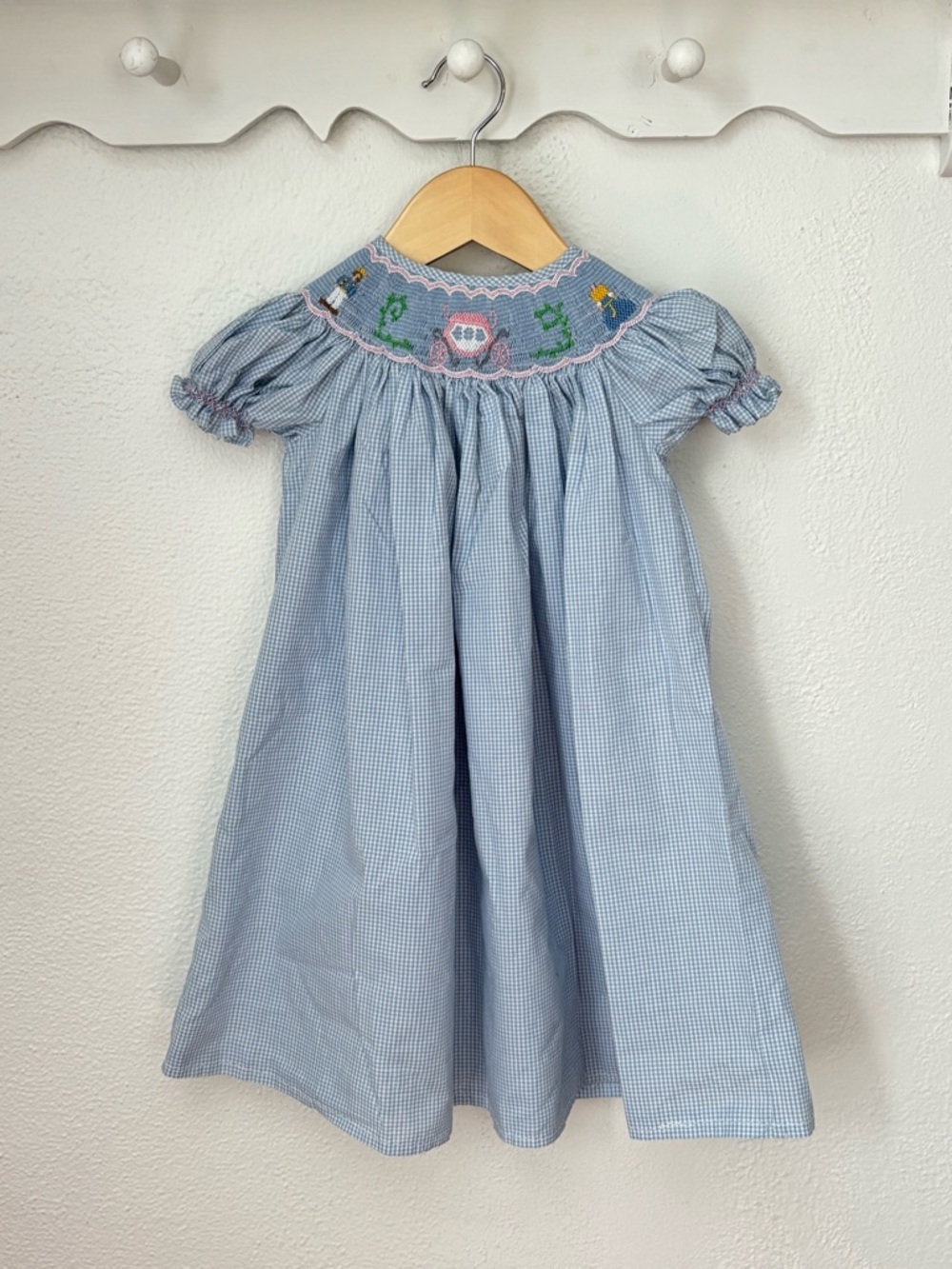 Royal Child Smocked Dress 12M Blue Gingham Cinderella Hand Embroidered